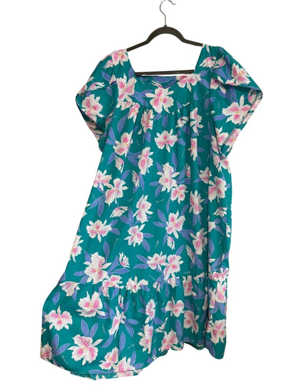 Hawaiian Floral Mumu Dress Teal Pink White Flowers Short Sleeves Womens Size L